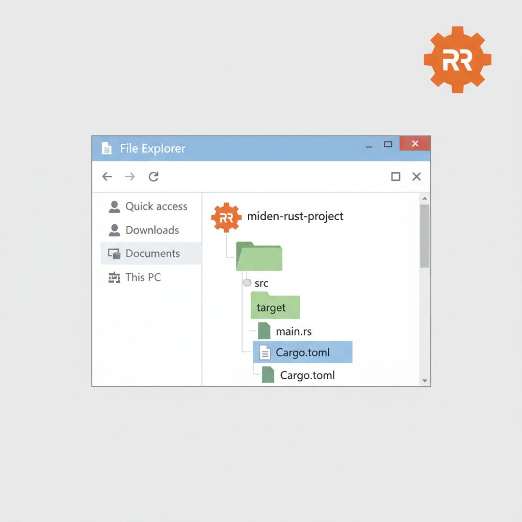 file explorer showing new miden rust project folder structure, rust logo