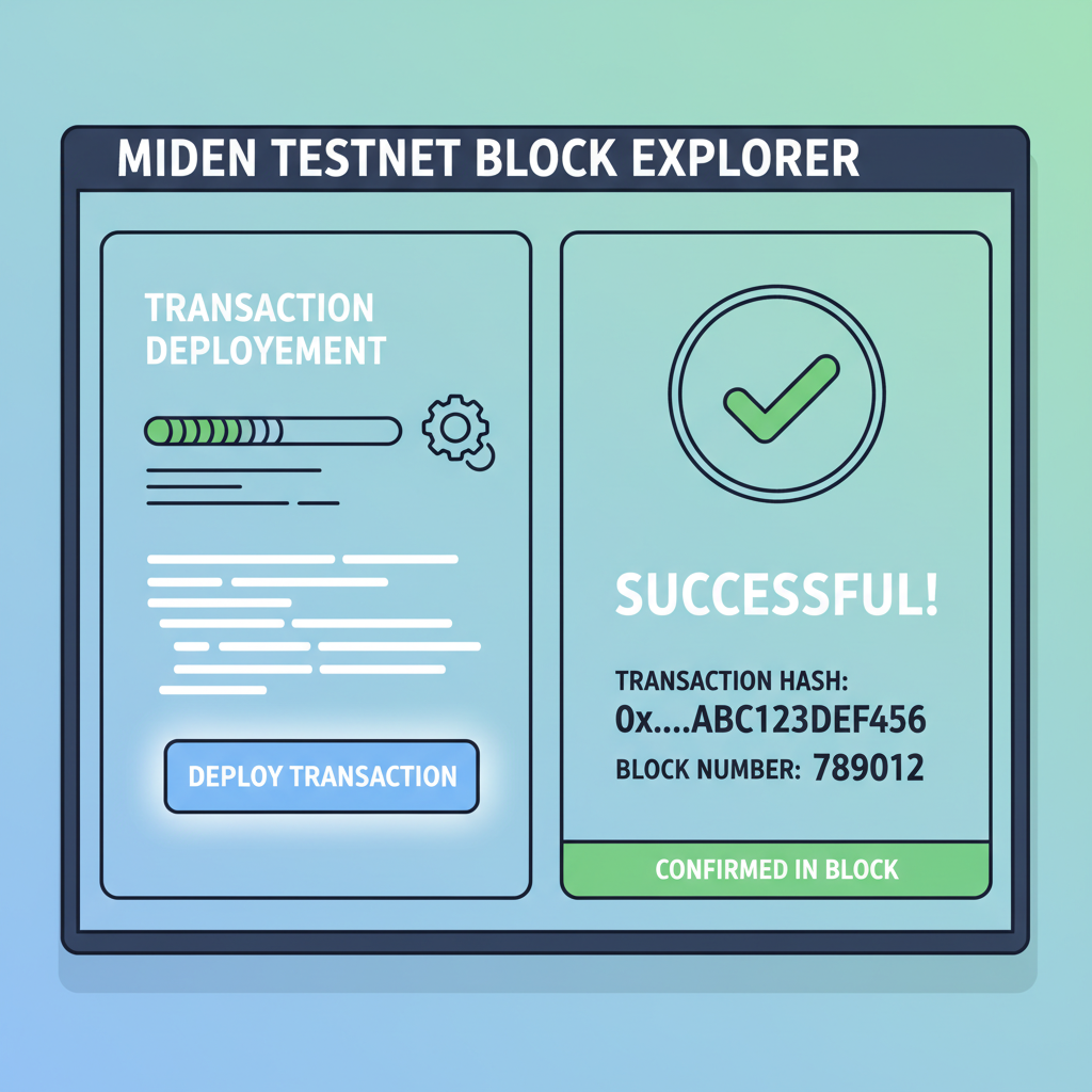 blockchain explorer showing miden testnet transaction deployment, success confirmation