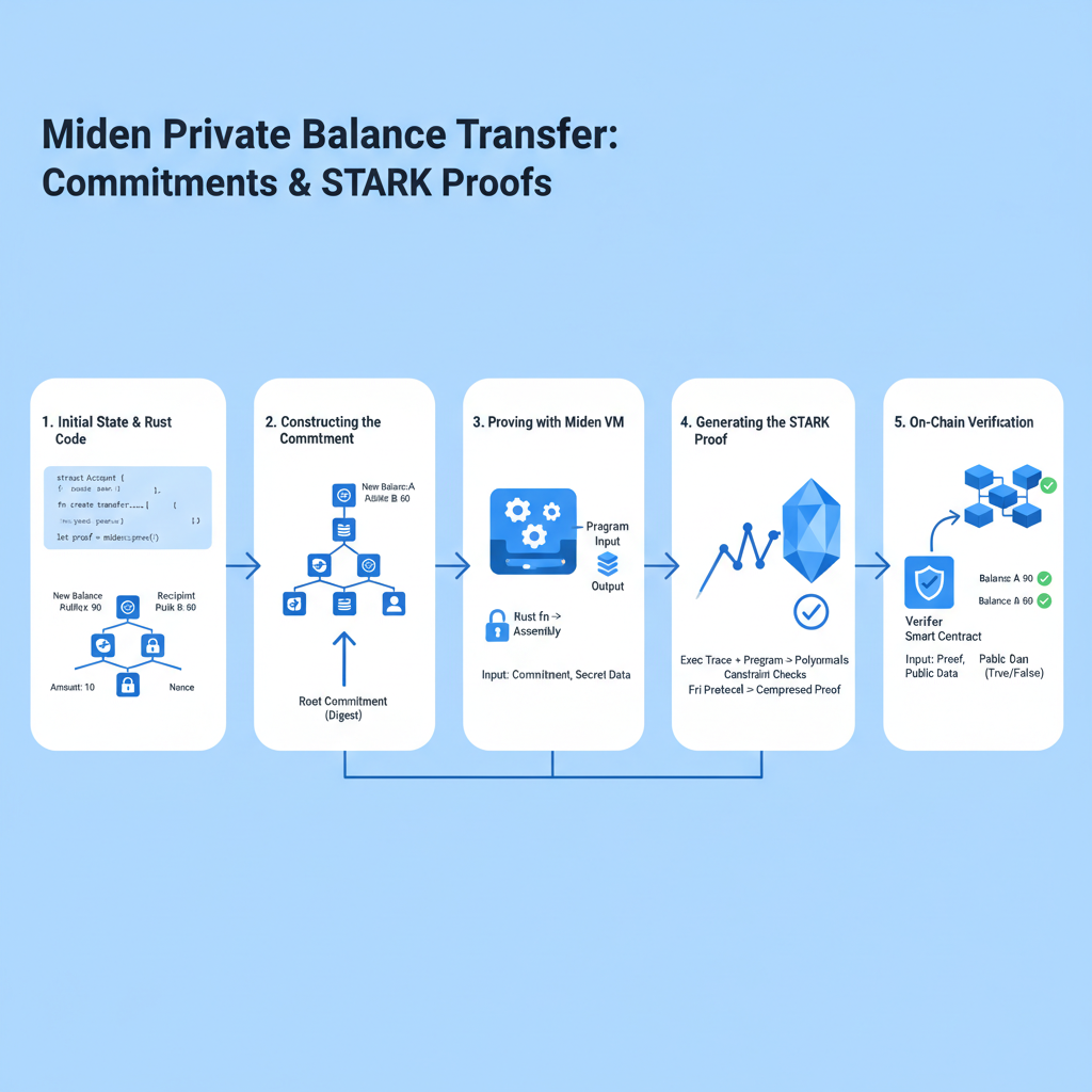rust code snippet for miden private balance transfer, commitments and stark proofs diagram