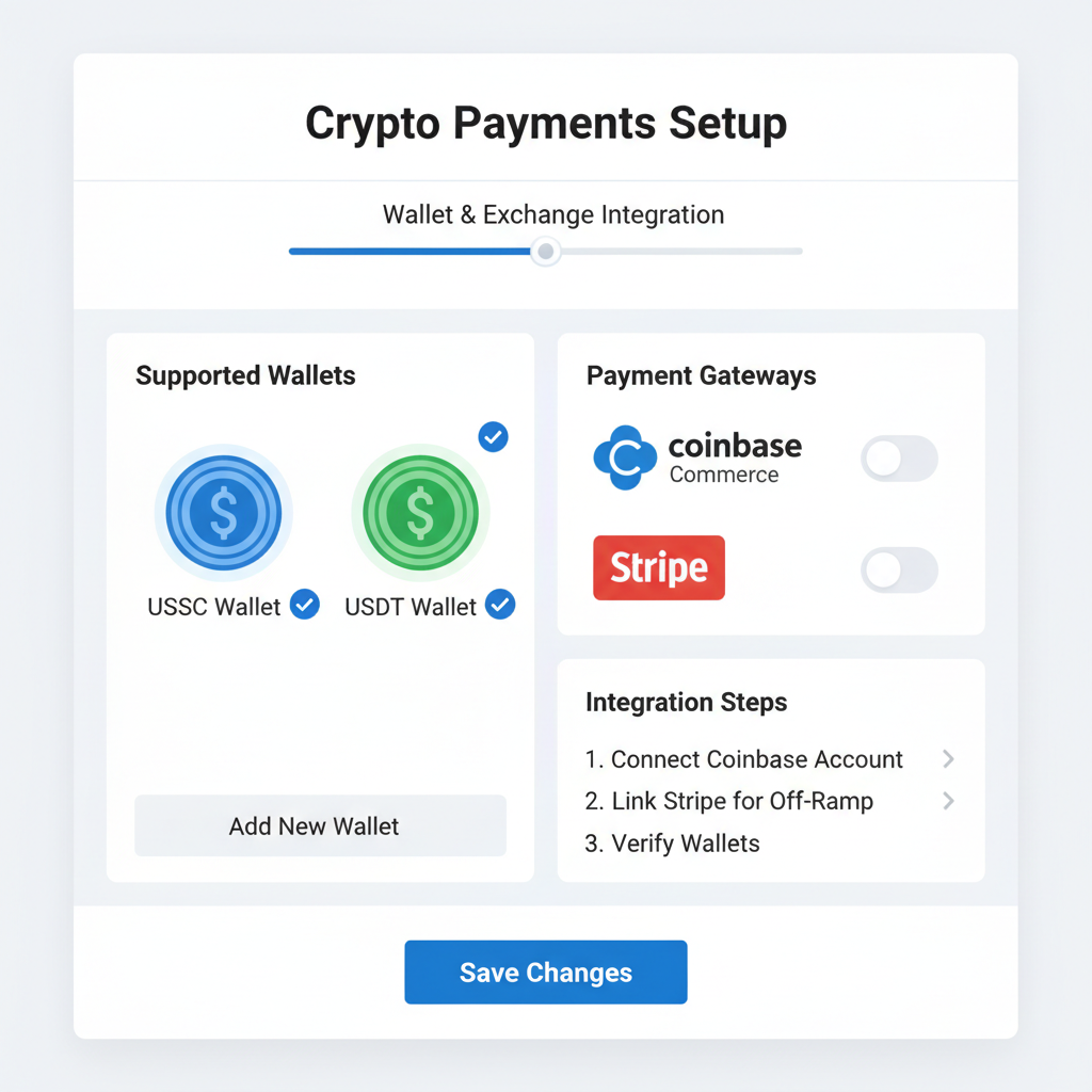 Shopify app settings page configuring USDC USDT wallets with Coinbase Stripe integration, modern interface