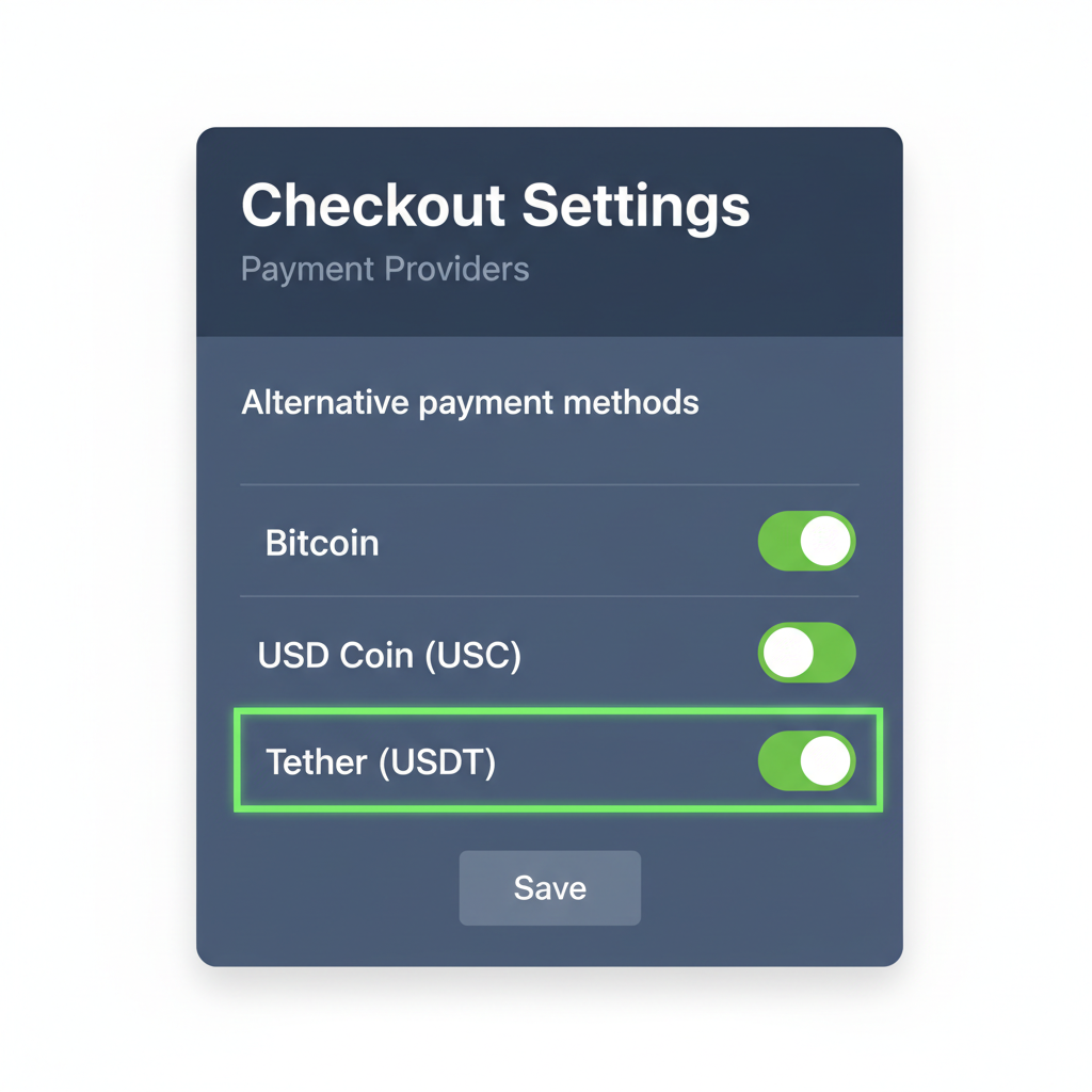Shopify checkout settings enabling USDC USDT payment options, highlighted toggles UI