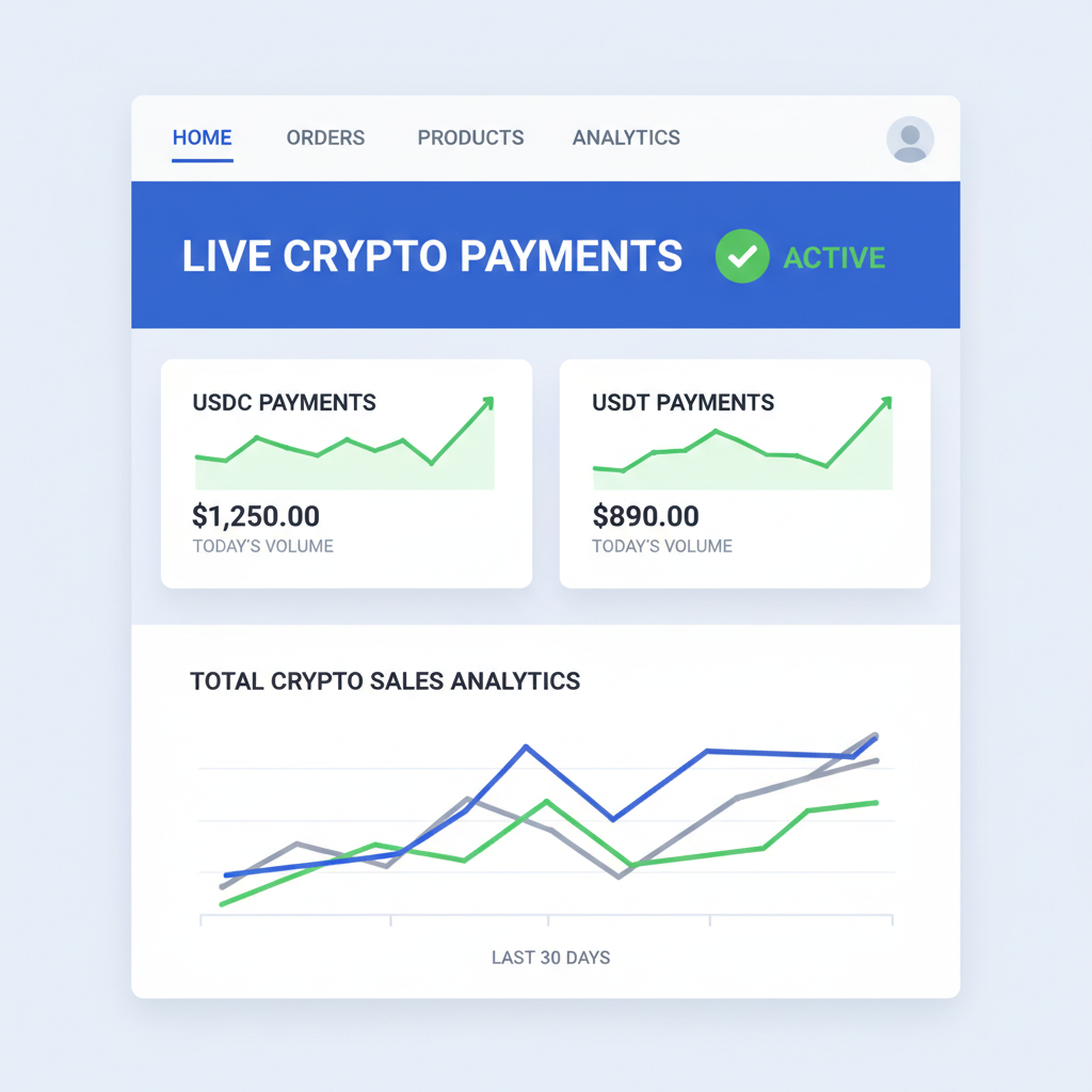 Shopify dashboard showing live USDC USDT payments active with analytics graph, success green check