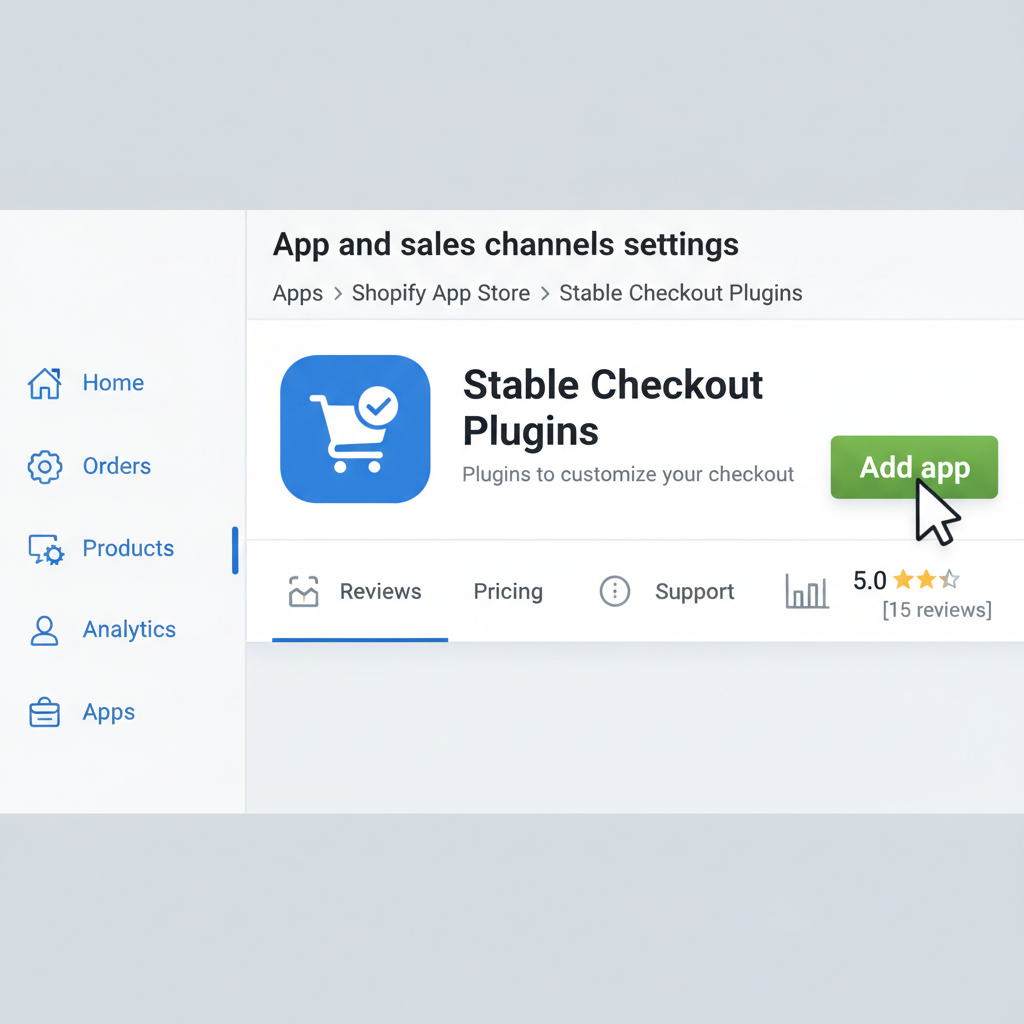 Shopify admin dashboard app store installing Stable Checkout Plugins app, clean UI screenshot style