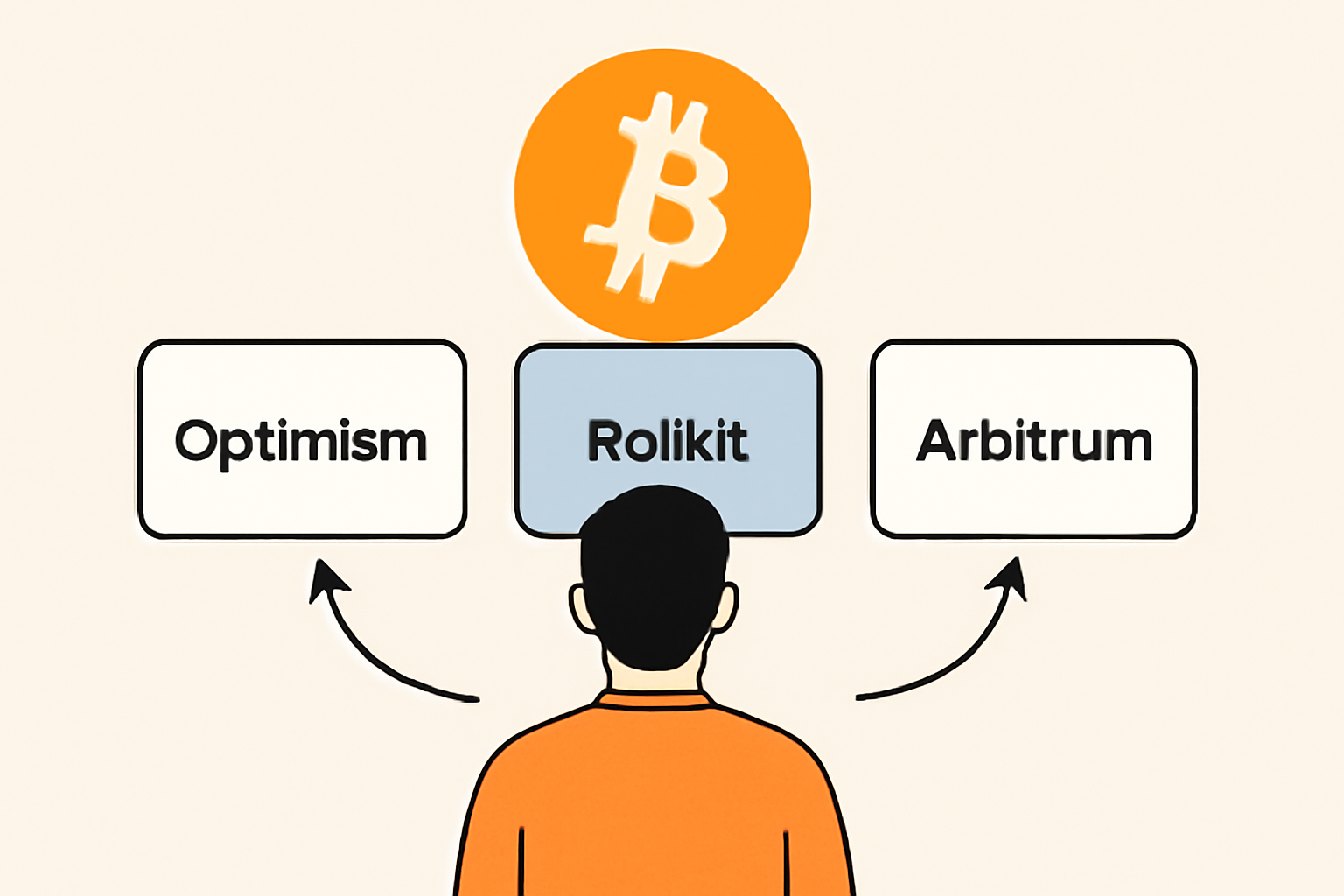 A developer choosing between different rollup frameworks, with Rollkit highlighted, and the Bitcoin logo in the background.