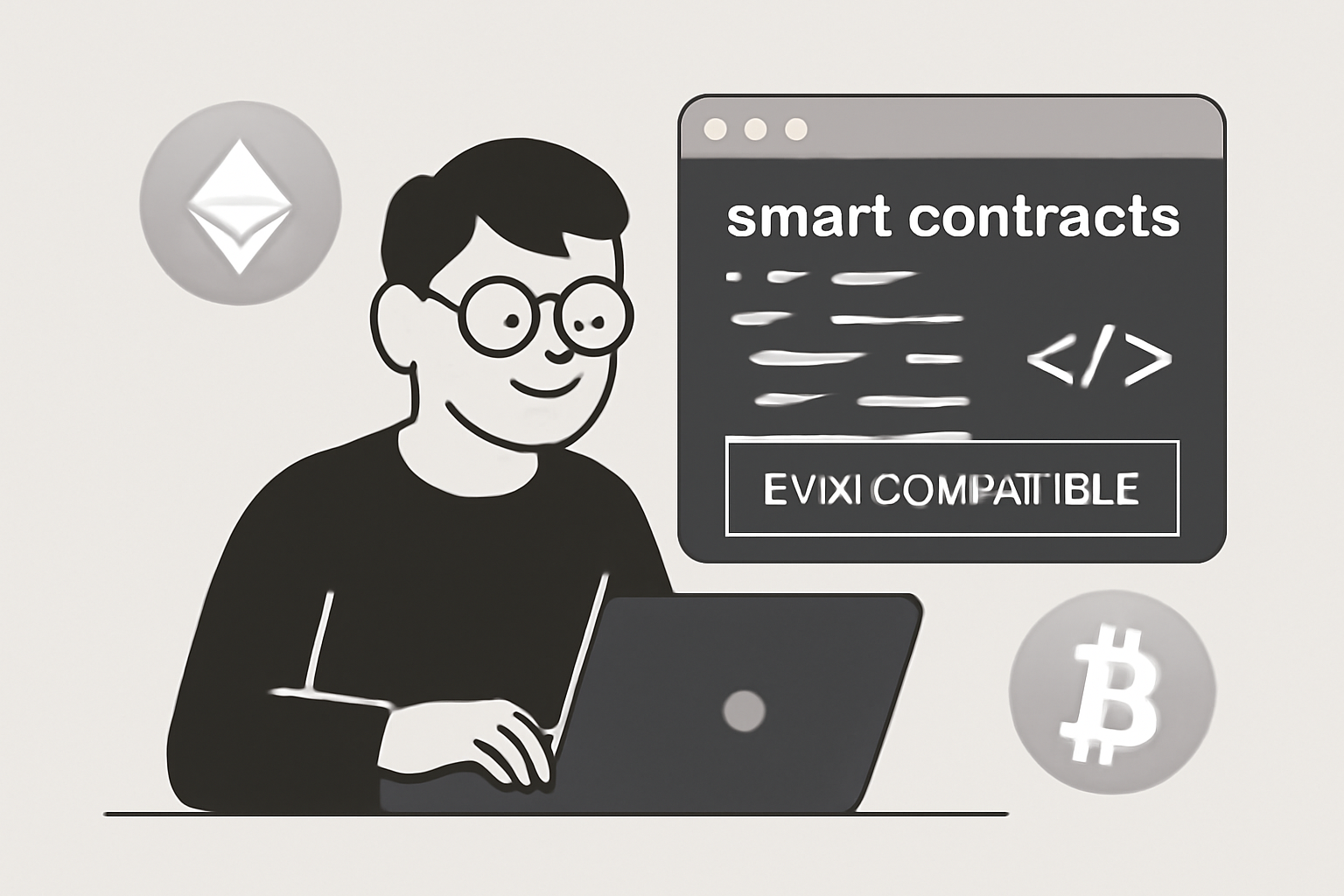 A developer coding smart contracts with both Ethereum and Bitcoin logos, and a UI showing EVM compatibility.