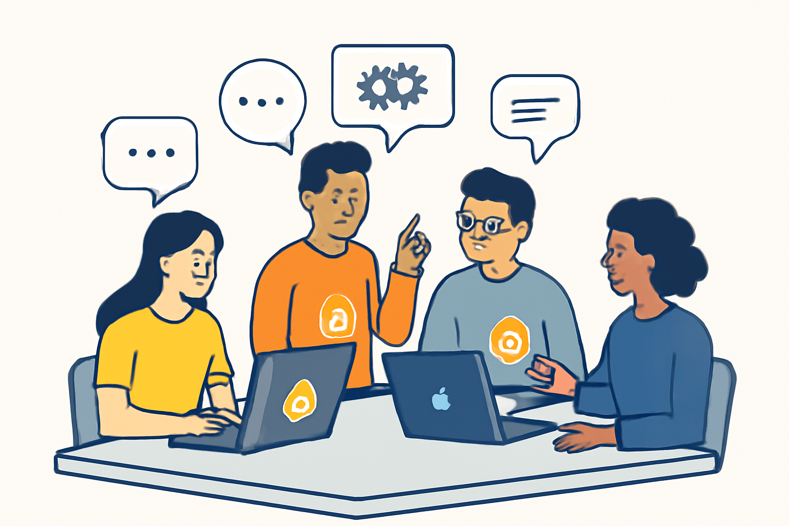 A group of developers discussing around a table, with laptops and Bitcoin rollup icons, and speech bubbles showing collaboration.