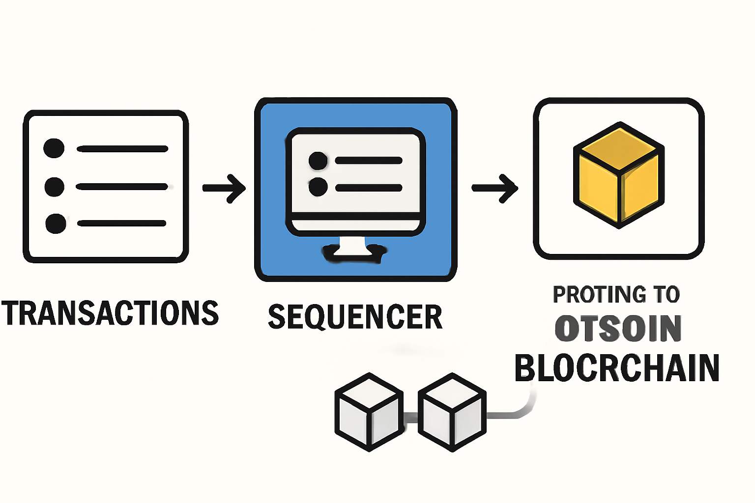 A flowchart showing a sequencer ordering transactions, creating blocks, and posting them onto the Bitcoin blockchain.