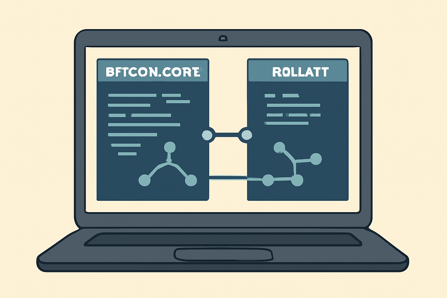 A laptop screen showing Bitcoin Core and Rollkit nodes running, with code and network diagrams connecting them.