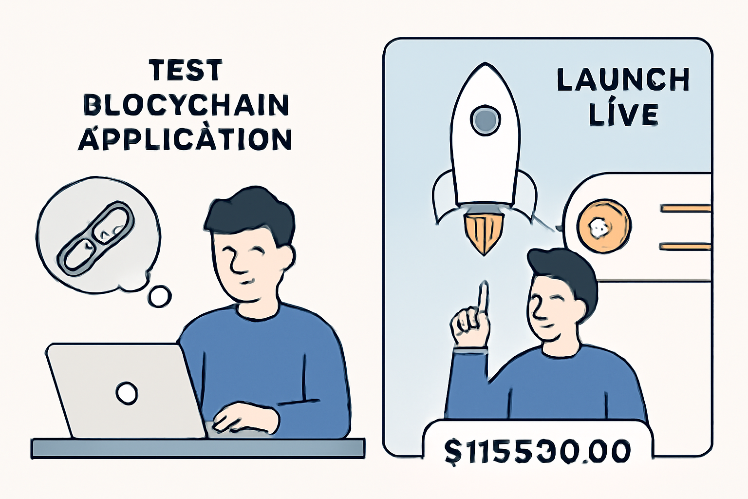 A developer testing a blockchain application, then launching it live, with a Bitcoin price ticker showing $115,530.00.