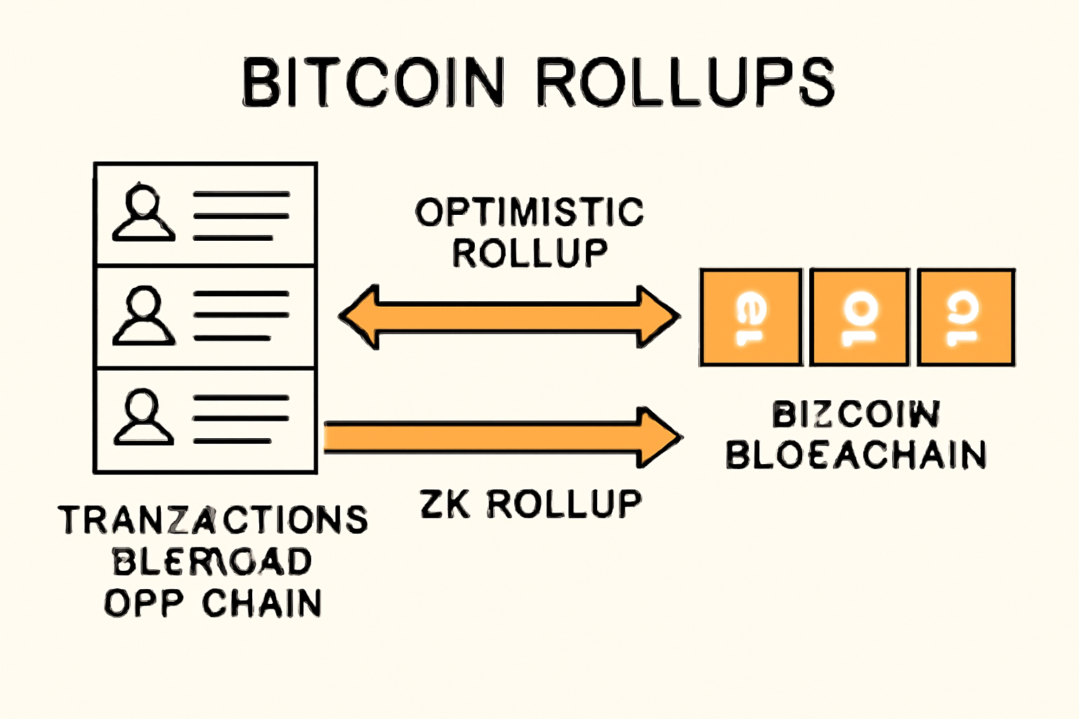 A diagram showing Bitcoin rollups: transactions bundled off-chain, then posted to the Bitcoin blockchain, with arrows and labels for Optimistic and ZK Rollups.