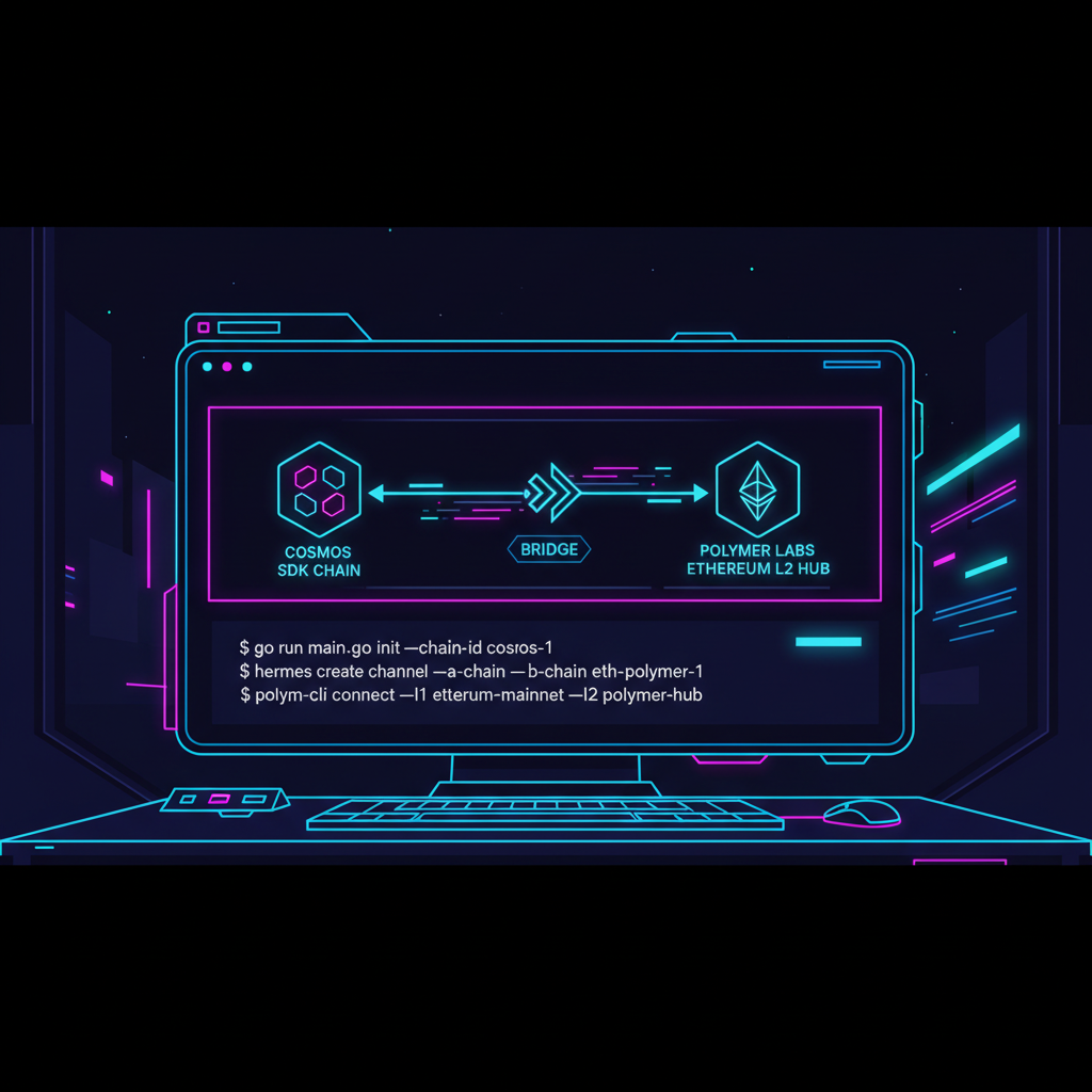 /ar 16:9 developer terminal connecting cosmos sdk chain to polymer labs ethereum l2 hub, futuristic neon glow, cyberpunk style