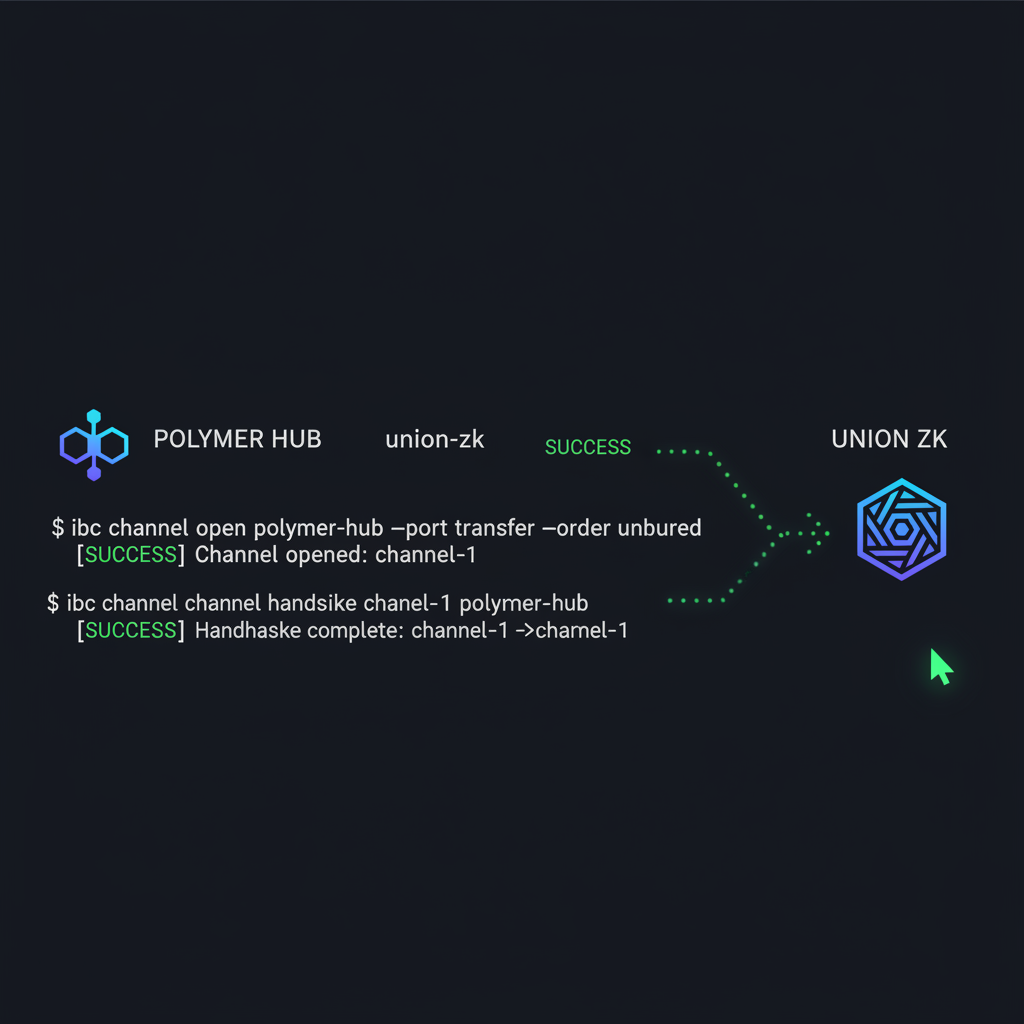 /ar 16:9 cli terminal ibc channel handshake polymer hub union zk, command lines glowing green success, dark mode intense