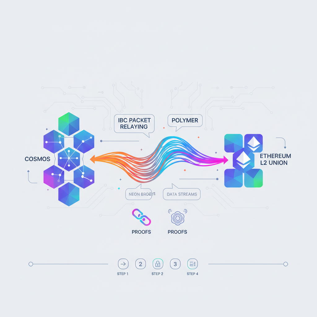 /ar 16:9 ibc packet relaying visualization polymer cosmos ethereum l2 union proofs, data streams flowing neon bridges