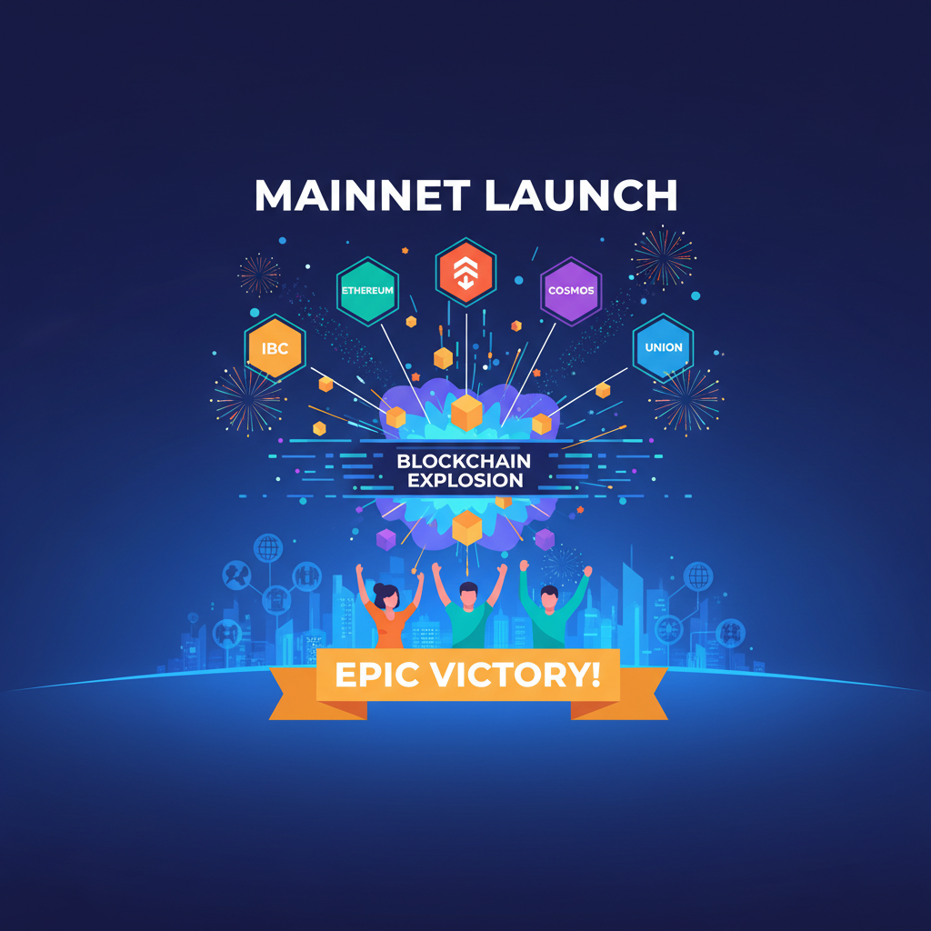 /ar 16:9 mainnet launch celebration ibc ethereum cosmos polymer union, fireworks blockchain explosion, epic victory scene