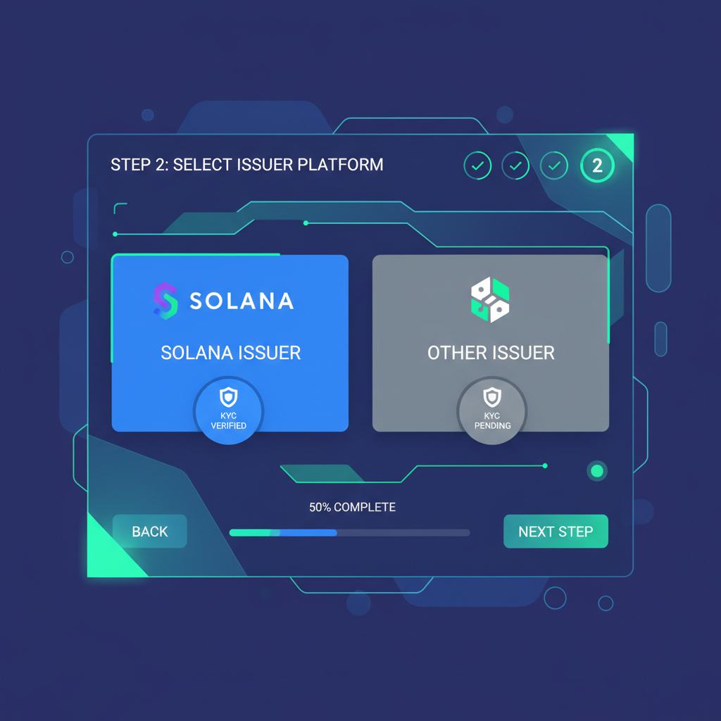 futuristic blockchain issuer selecting dashboard with Solana logos and KYC badges