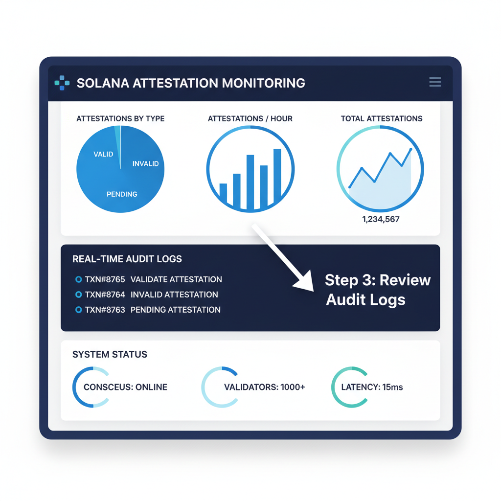 dashboard monitoring Solana attestations with charts and audit logs