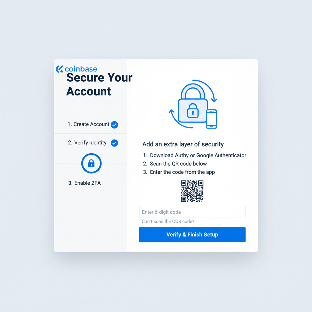 clean screenshot of Coinbase or Kraken signup page with 2FA setup screen, blue tones, secure lock icon