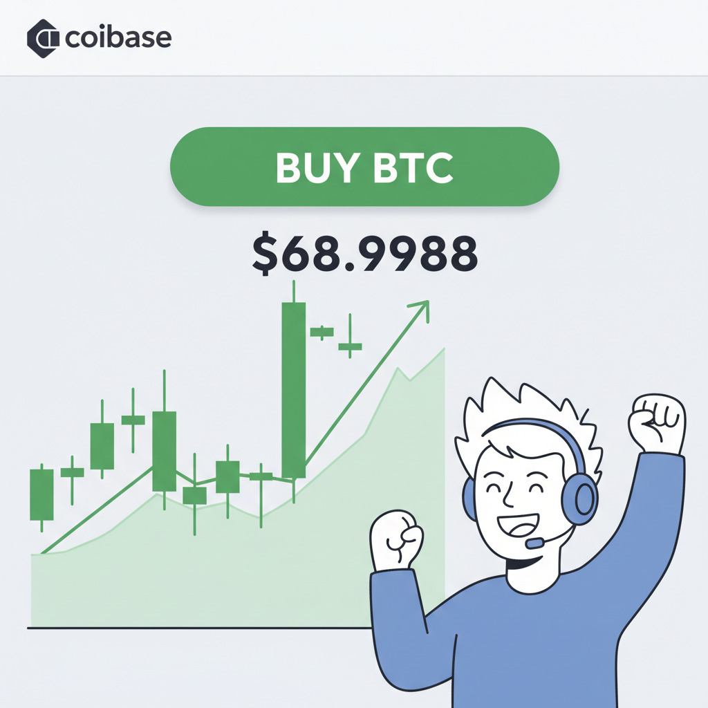 trading chart on Coinbase with BTC buy button at $68,988 price point, bullish green candle, excited trader vibe