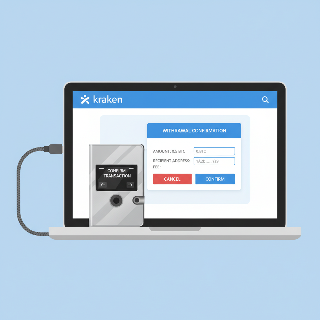 Ledger Nano device connected to computer, BTC withdrawal confirmation screen from Kraken, shiny hardware wallet