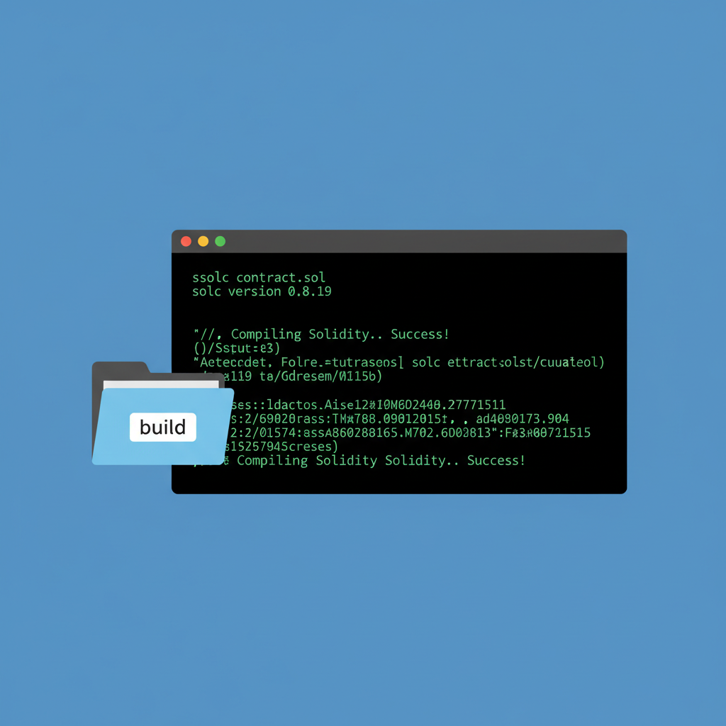 terminal compiling solidity with ssolc, success green output, build folder icon