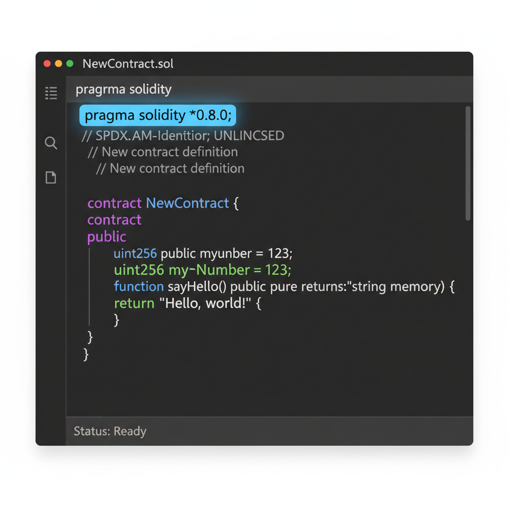 solidity code editor with new contract skeleton, pragma line highlighted, dark syntax theme