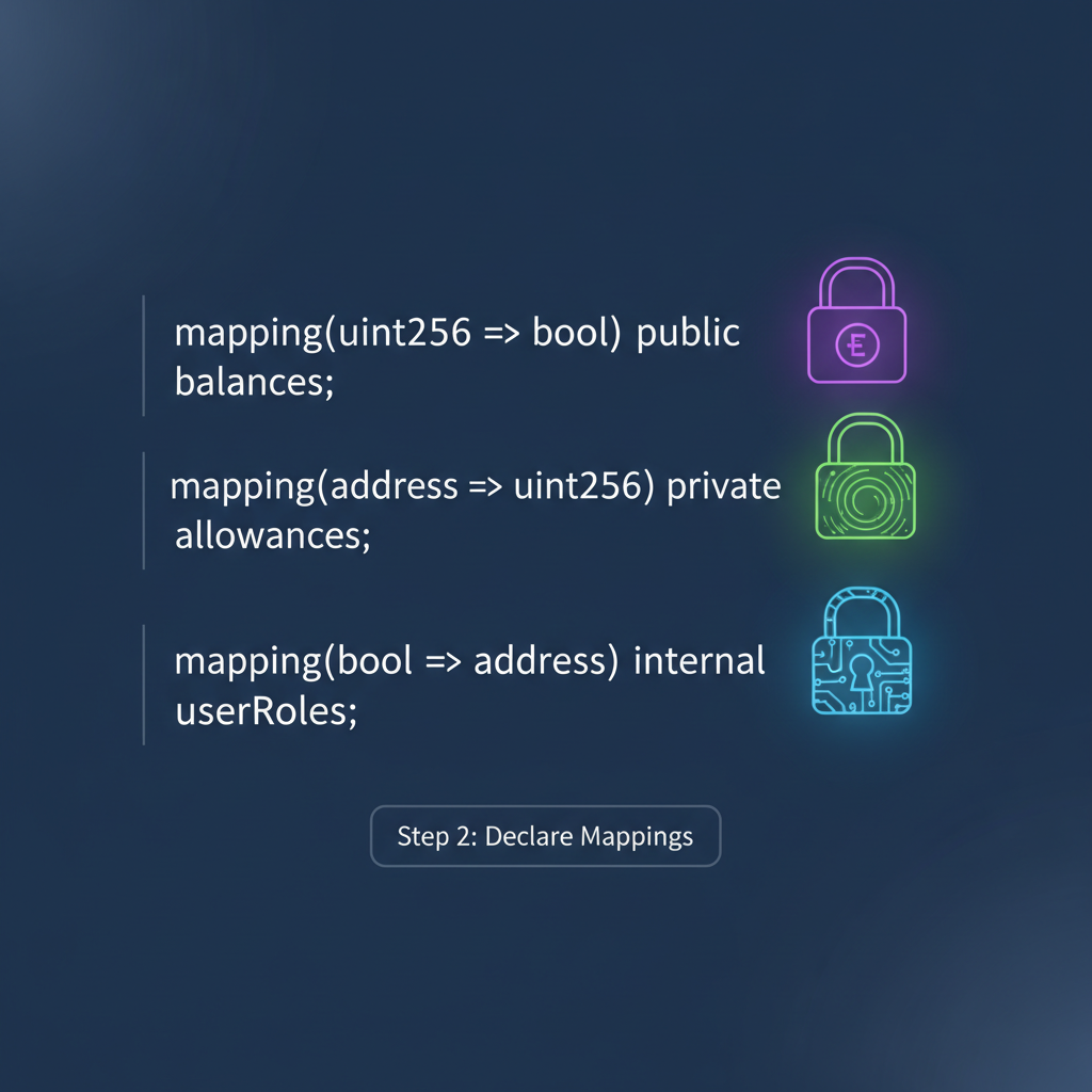 solidity mapping declarations with suint256 saddress sbool, encrypted lock icons overlay, code snippet