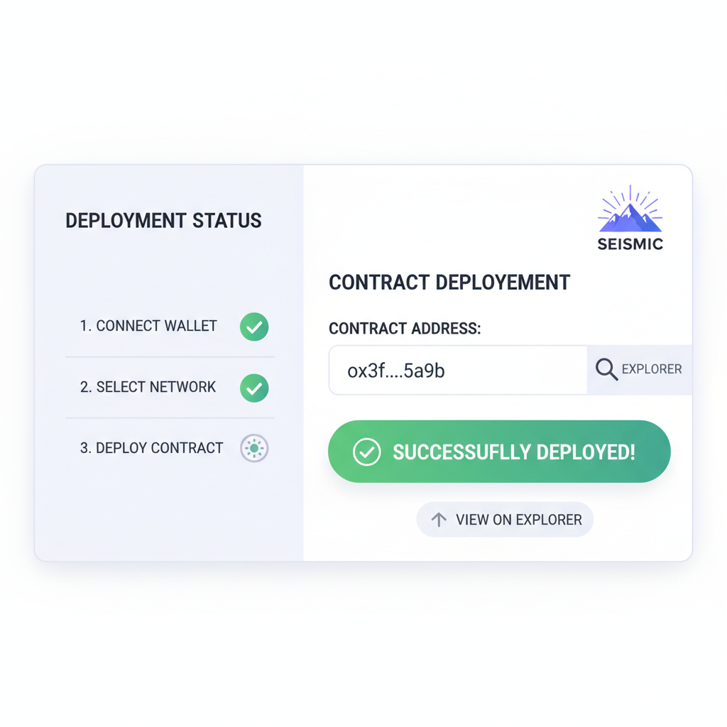 blockchain deployment dashboard, contract address on explorer, seismic logo, success deploy button
