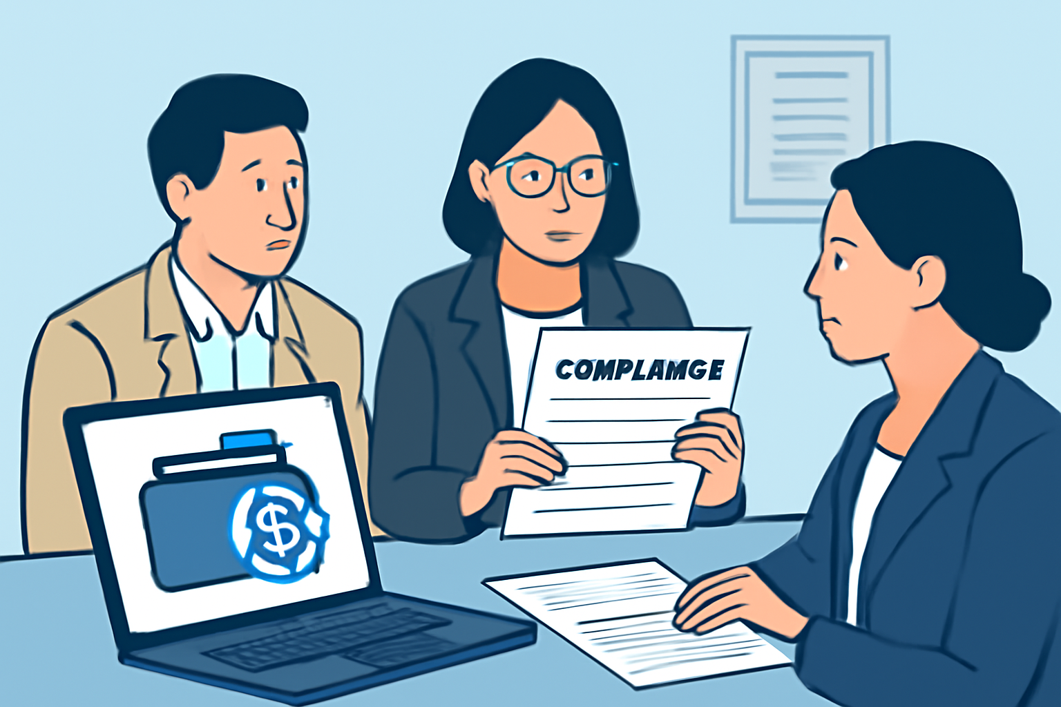 A professional consulting with legal advisors, reviewing compliance documents with a digital wallet and USDC symbol on a laptop screen.