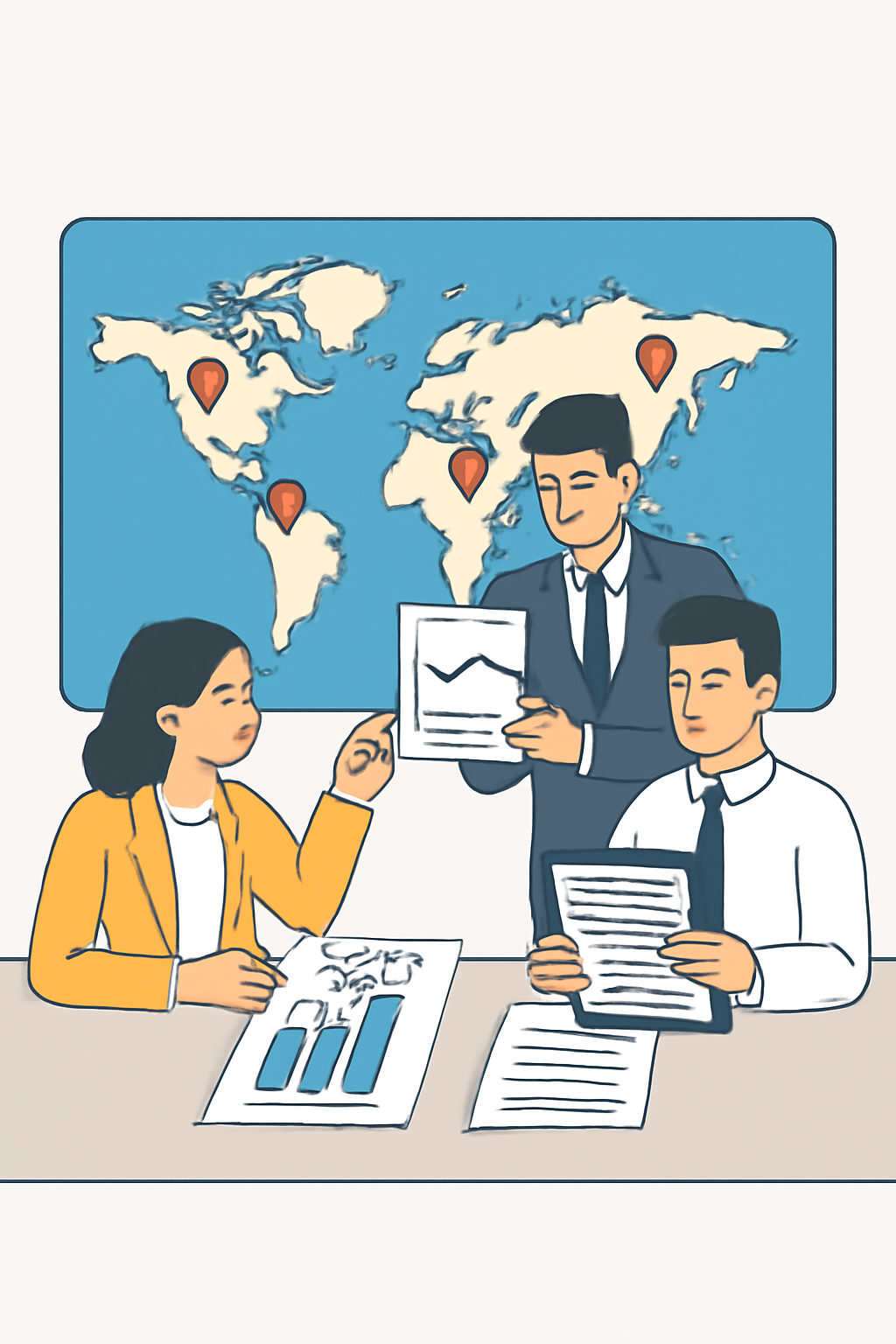 A business team analyzing a world map with pins on different countries, reviewing documents and charts about payroll costs and timelines.