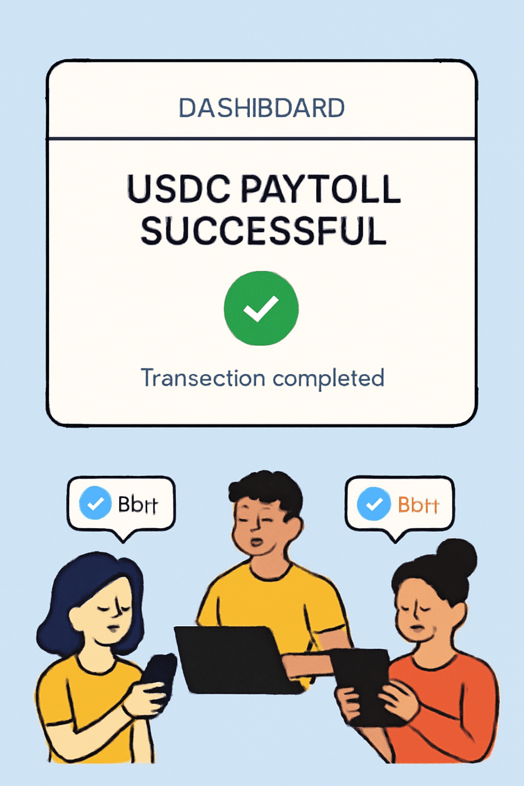 A dashboard showing a successful USDC payroll transaction, with employees receiving notifications on their devices.