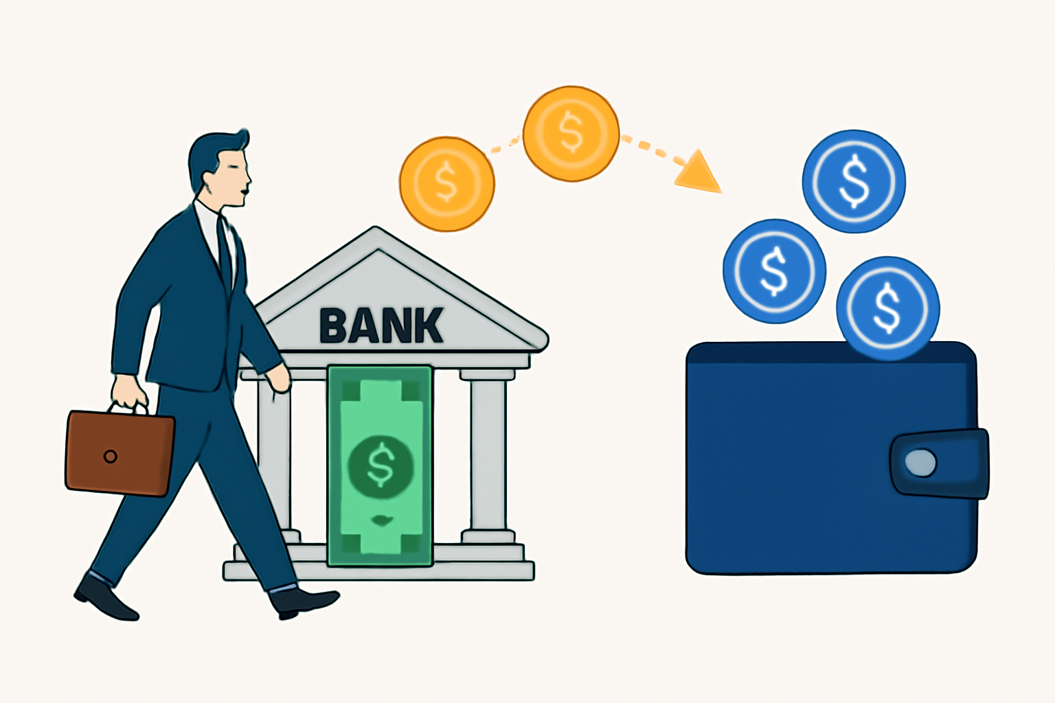 A businessperson transferring funds from a bank to a digital wallet, showing US dollars converting into USDC coins.