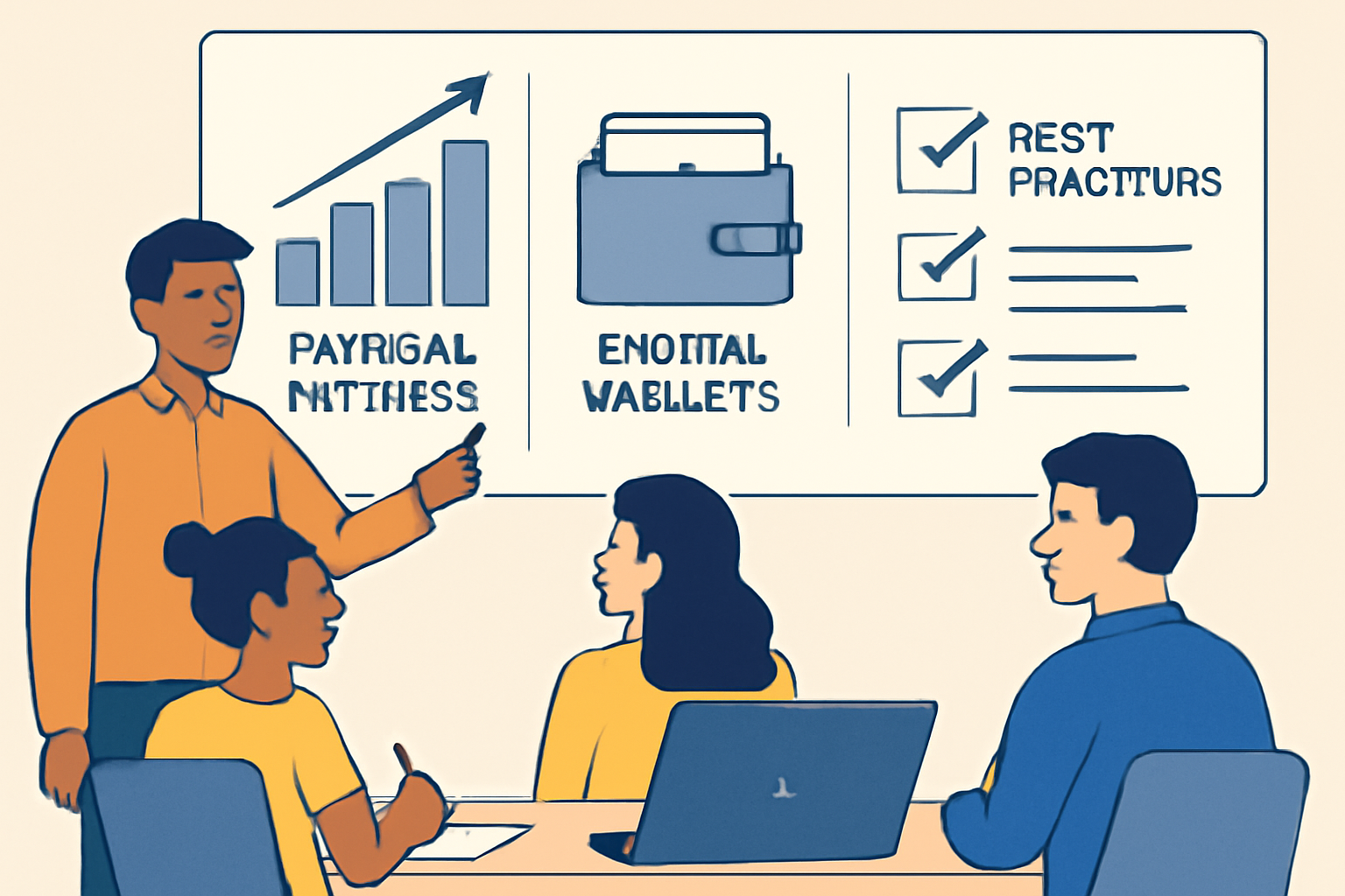 A team meeting with charts showing improved payroll metrics, people learning about digital wallets, and a checklist of best practices.