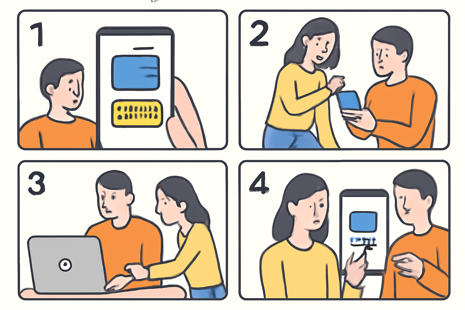 A step-by-step illustration of setting up a digital wallet on a smartphone and computer, with people assisting each other.