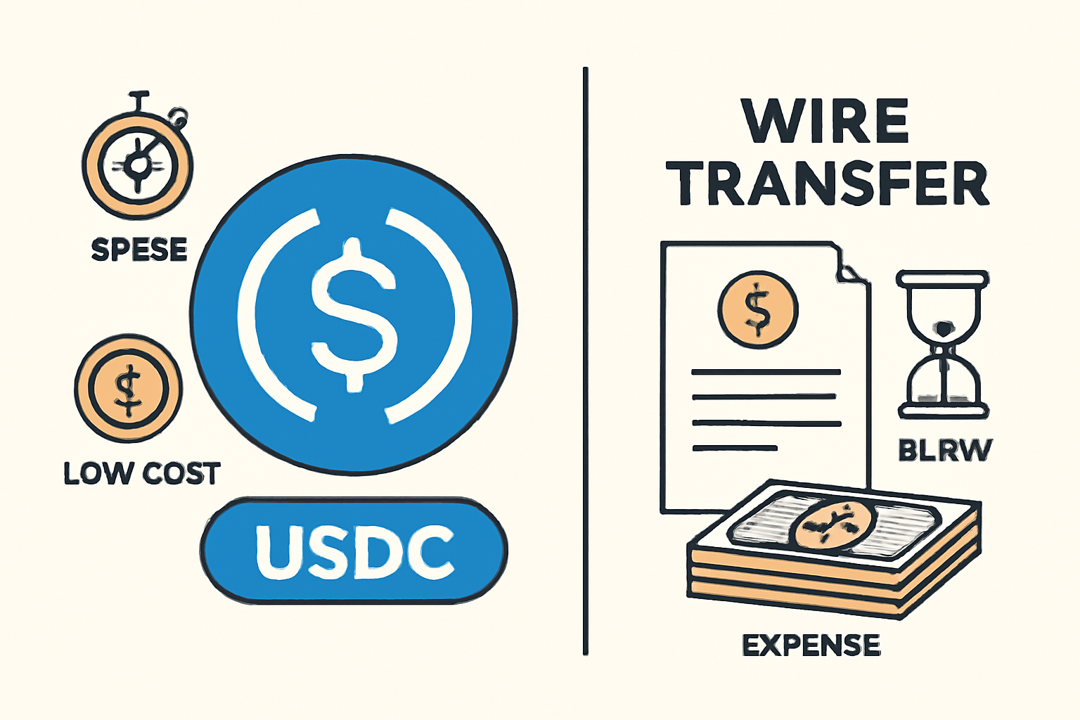 A digital coin labeled 'USDC' surrounded by icons representing speed, low cost, and global reach, contrasted with a slow, expensive wire transfer process.