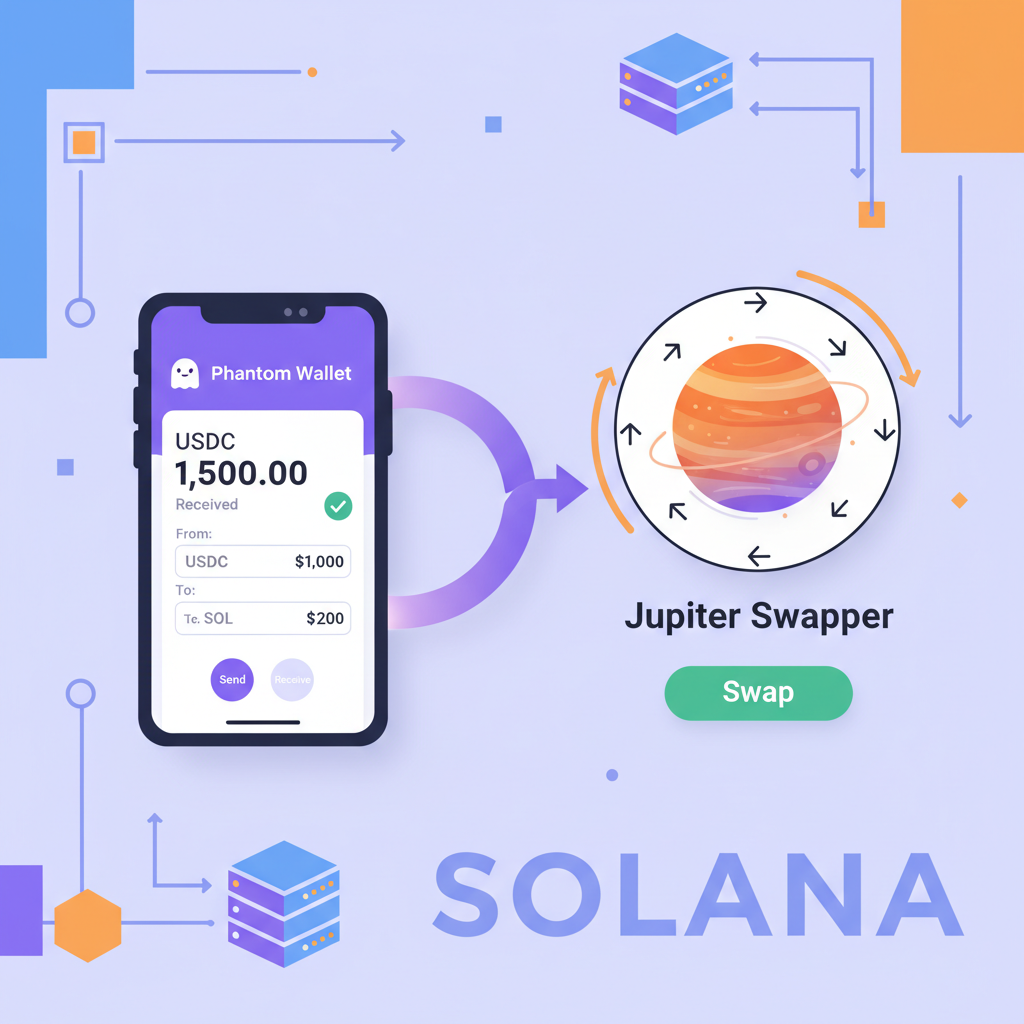 Phantom wallet app showing received USDC balance, connected to dApp like Jupiter swapper, vibrant Solana ecosystem graphics