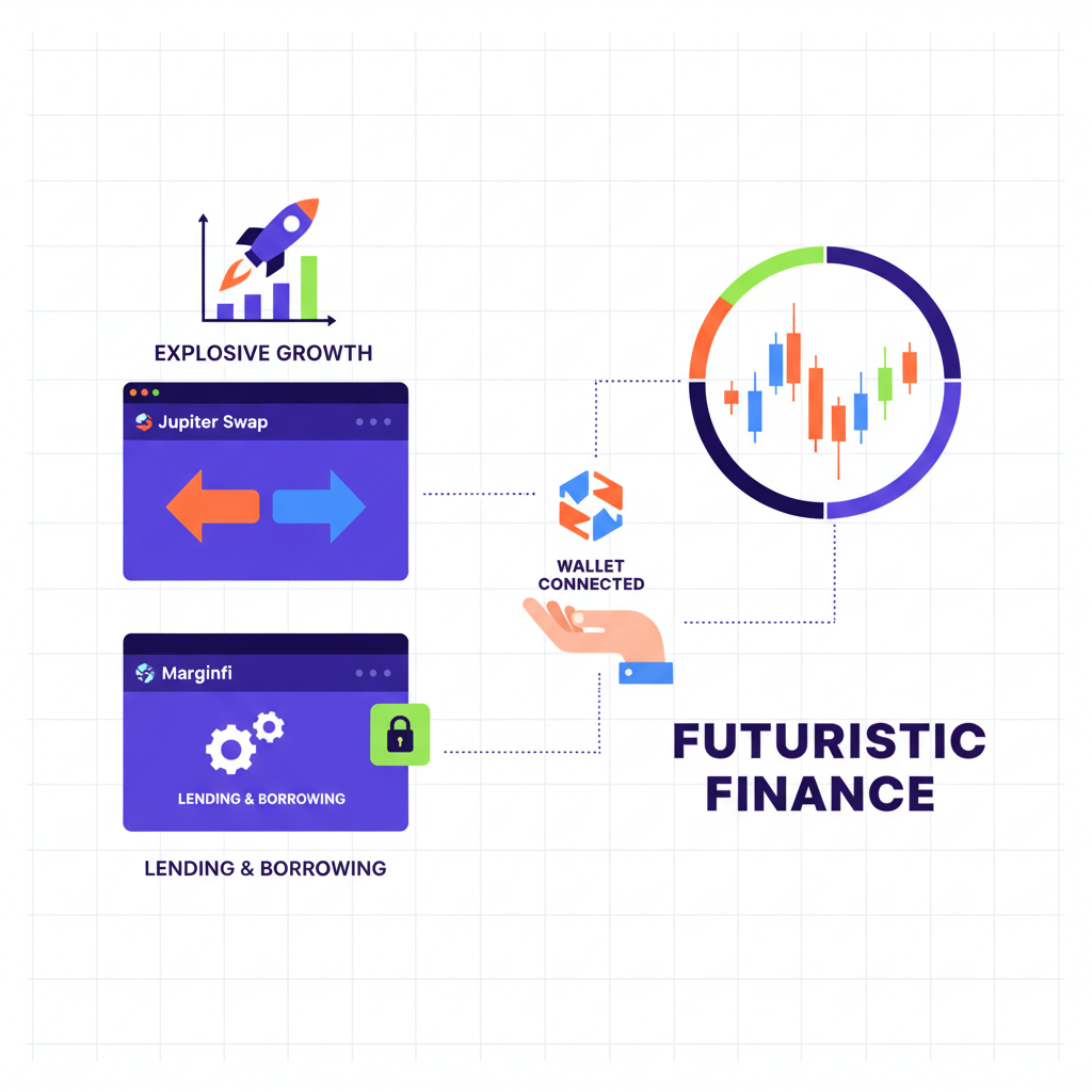 Montage of Solana dApps: Jupiter swap, Marginfi lending, wallet connected, explosive growth charts, bold futuristic finance