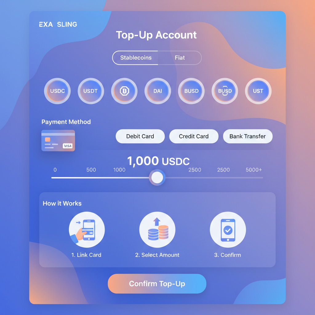 Exa App or Sling integrated top-up screen, stablecoin selection, debit card chosen, amount slider, bold innovative UI with gradients