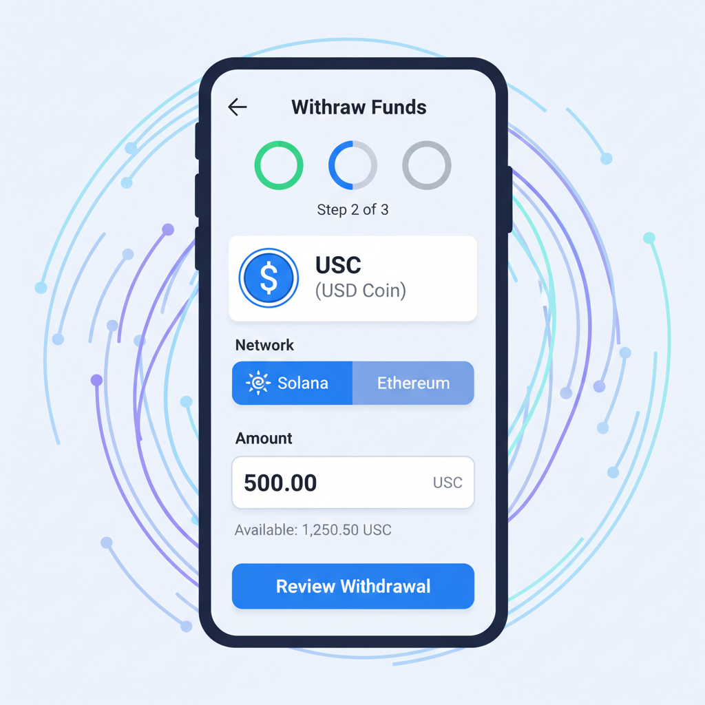 Sling Money app withdrawal screen selecting USDC, amount input field, Solana network icon prominent, dynamic energy visuals