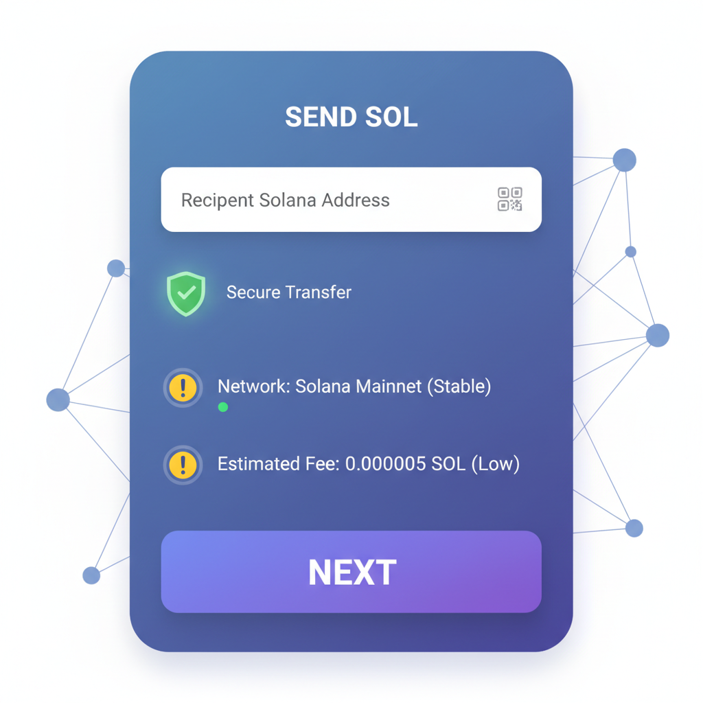 App screen with Solana wallet address input, QR scanner option, warning icons for network, high-tech secure transfer vibe