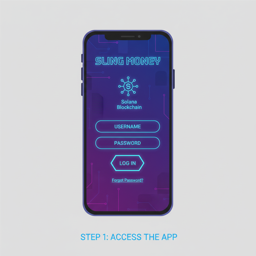 Smartphone screen showing Sling Money app login dashboard, futuristic neon UI, Solana blockchain theme, vibrant blues and purples