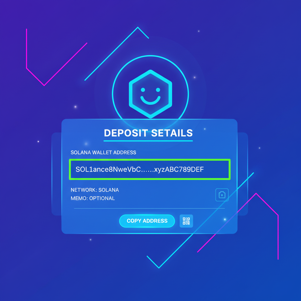 Sling Money app futuristic UI, avatar tapped, deposit details screen with Solana wallet address highlighted, vibrant blues and neon accents