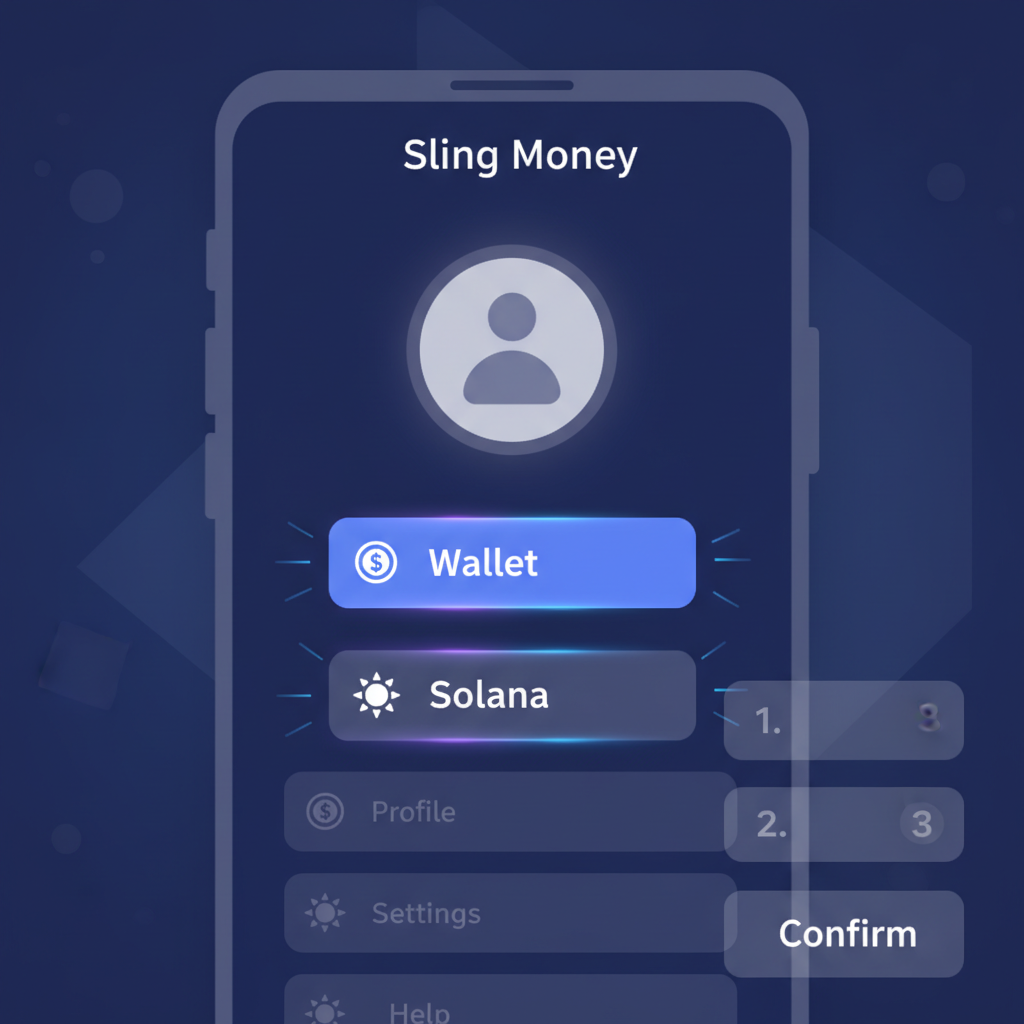 Close-up of Sling Money app avatar menu, highlighting wallet and Solana options, sleek modern interface, innovative glow effects