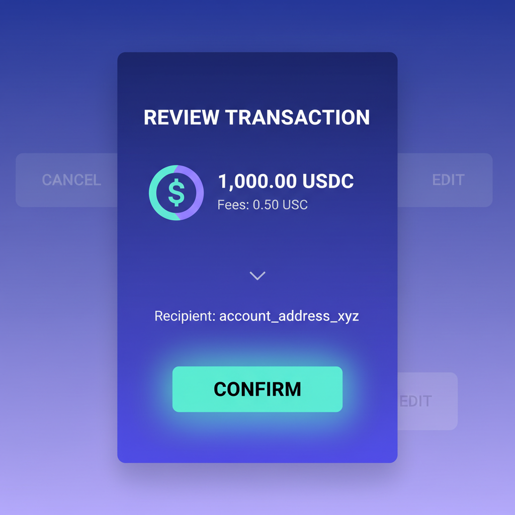 Transaction review screen in Sling Money, USDC amount, fees, confirm button glowing, futuristic confirmation UI