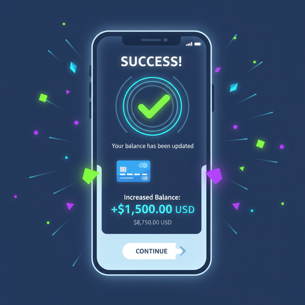 Success confirmation screen in Exa App, debit card balance increased, confetti effects, futuristic success animation high-tech glow