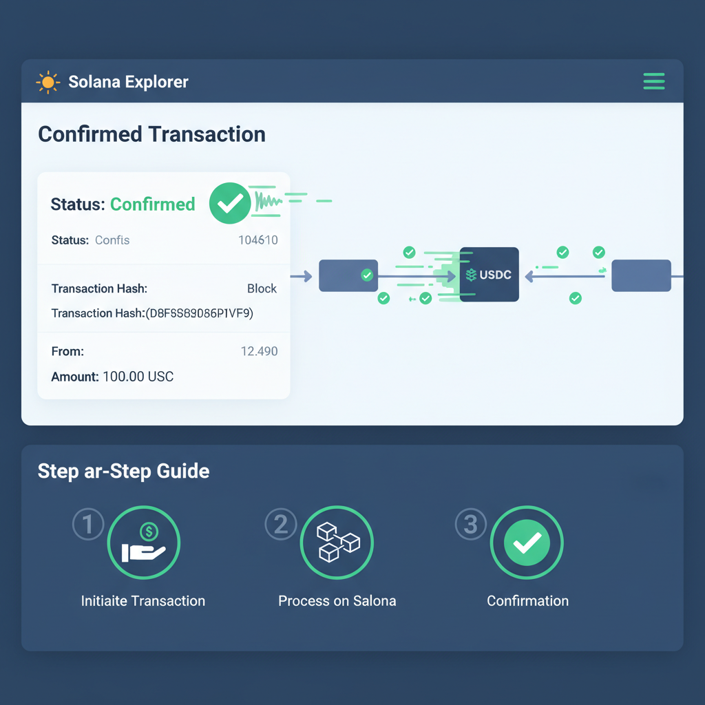 Solana Explorer webpage showing confirmed USDC transaction, blockchain visualization, speedy green checkmarks, innovative data flow