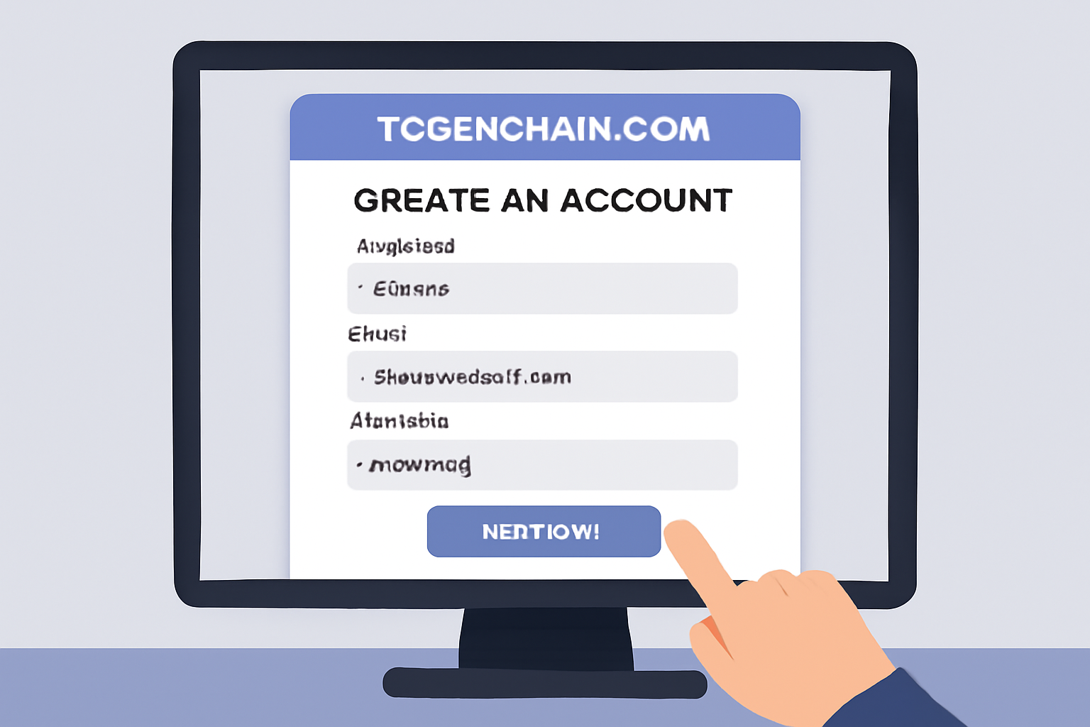 A computer screen displaying the tcgonchain.com registration page, with a user entering details to create an account, in a clean, modern interface.