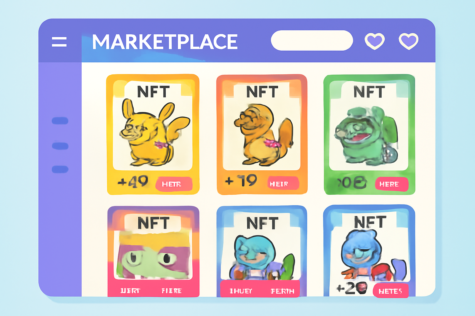 A vibrant online marketplace interface displaying Pokémon card NFTs for sale, with price tags and trading options visible.