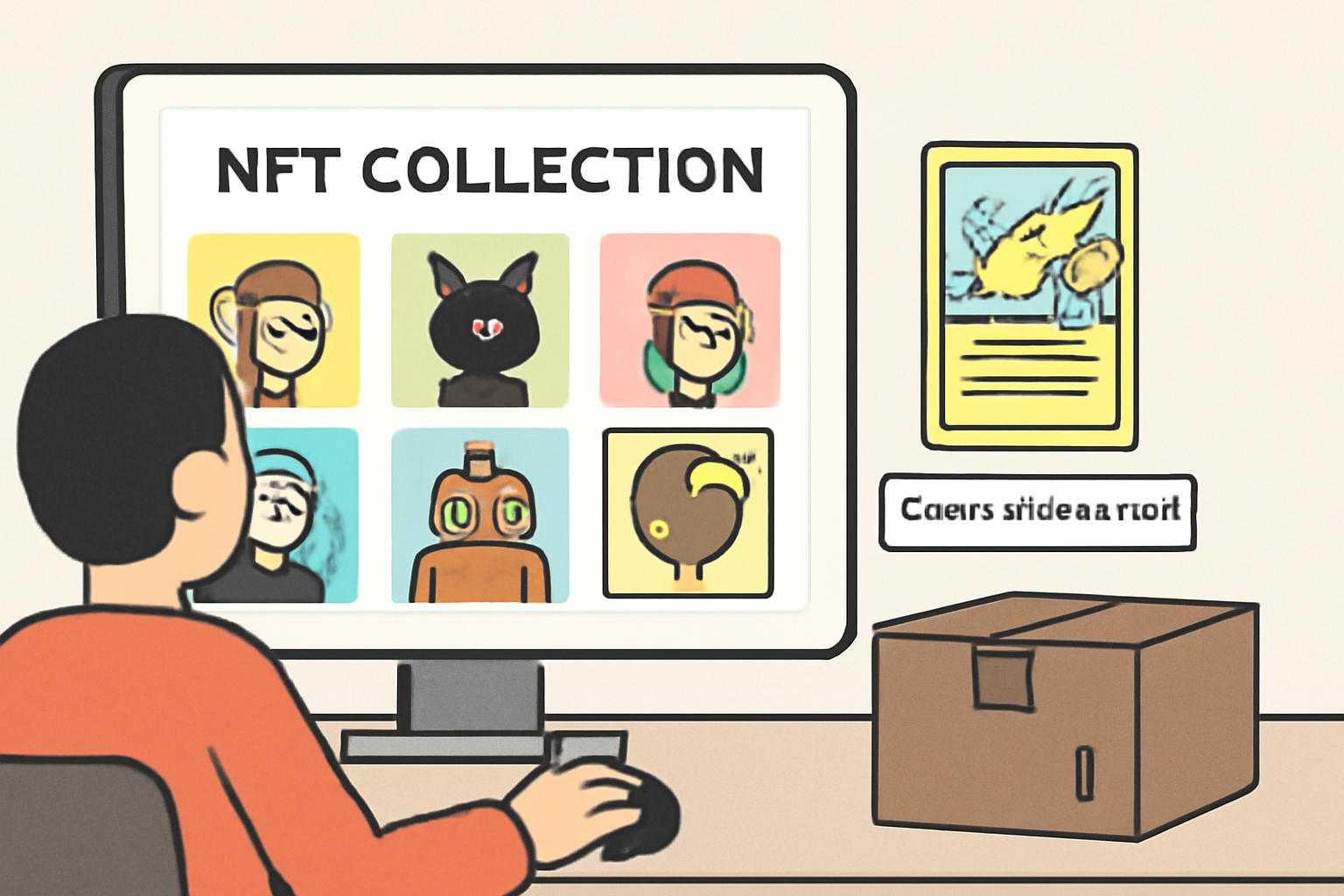 A user reviewing their NFT collection on a dashboard, with an option to request withdrawal of a physical Pokémon card, and a shipping box ready to be sent.