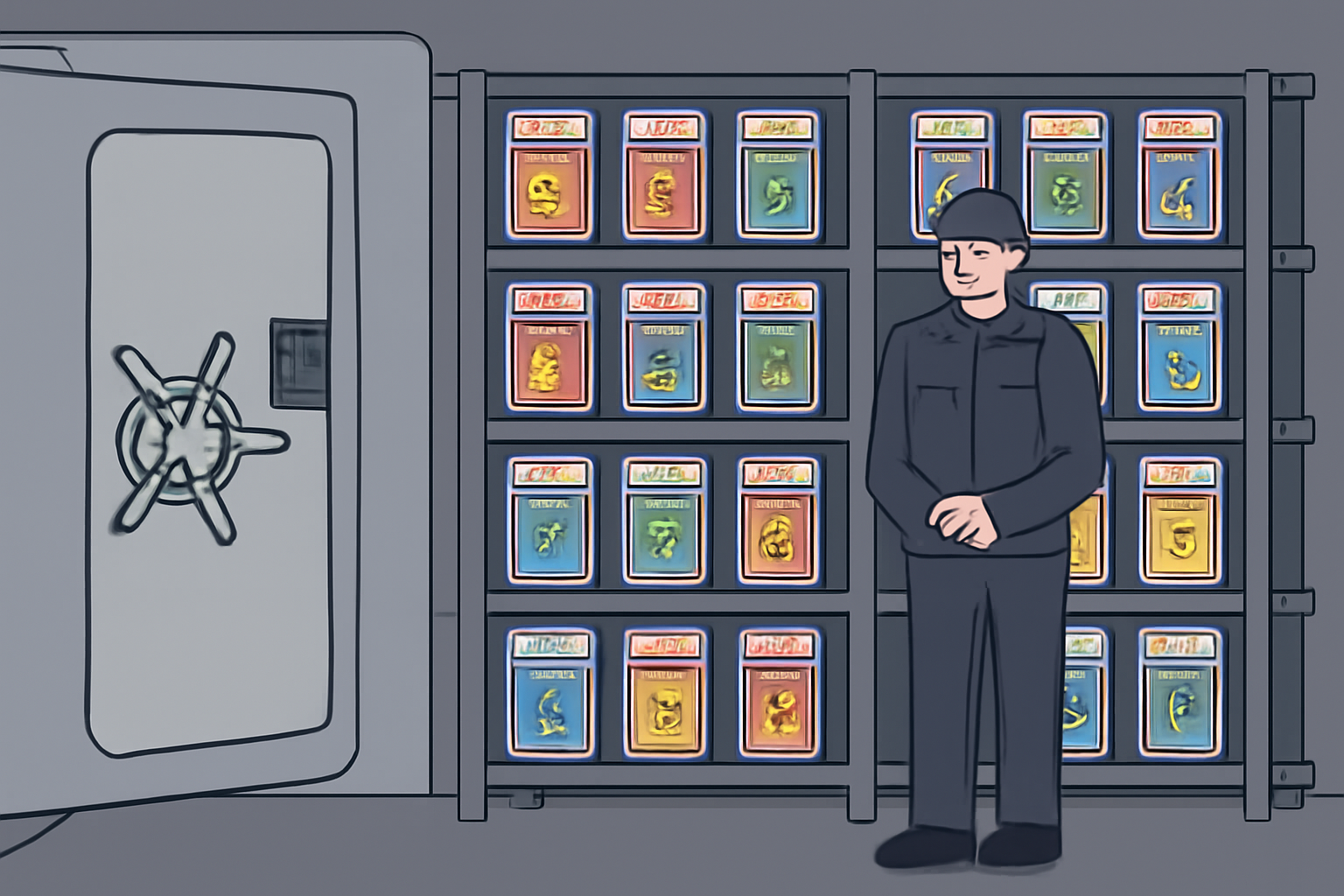 A high-security vault with shelves of Pokémon cards in protective cases, overseen by a professional custodian.