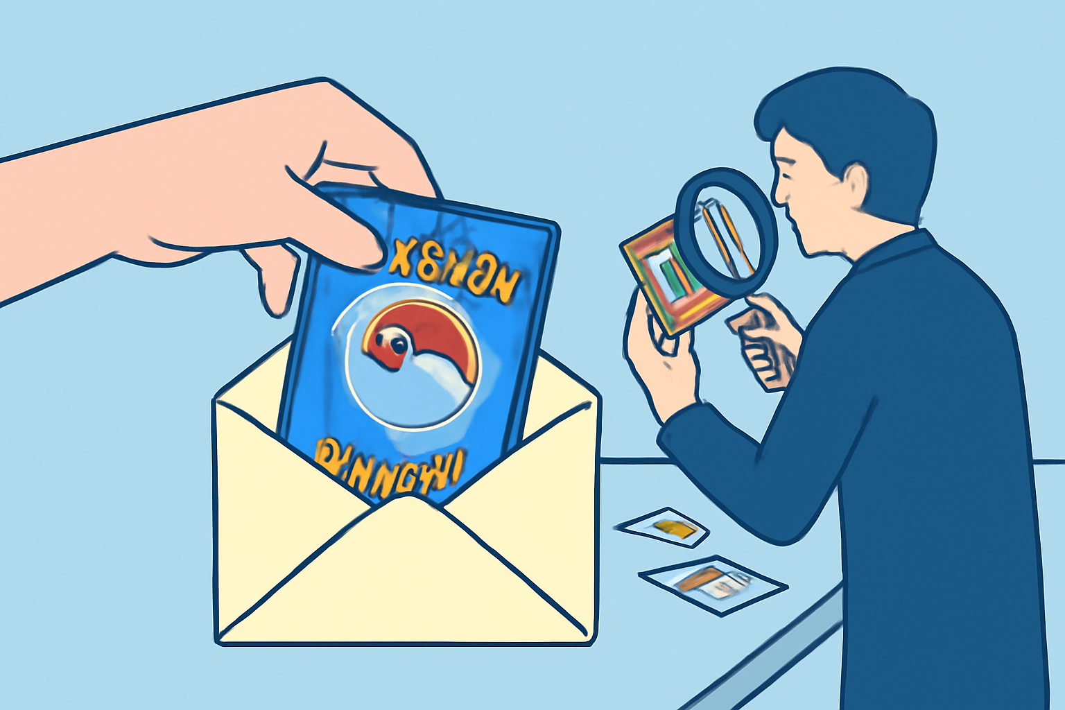 A hand placing a Pokémon card into a secure envelope, with a background showing a grading expert examining cards under a magnifying glass.